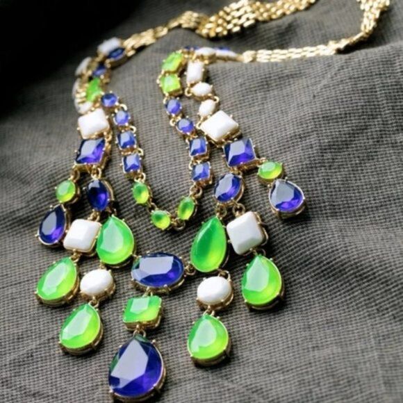 Royal Blue Crystal Rhinestone Statement Gold Collar Necklace - Picture 12 of 12